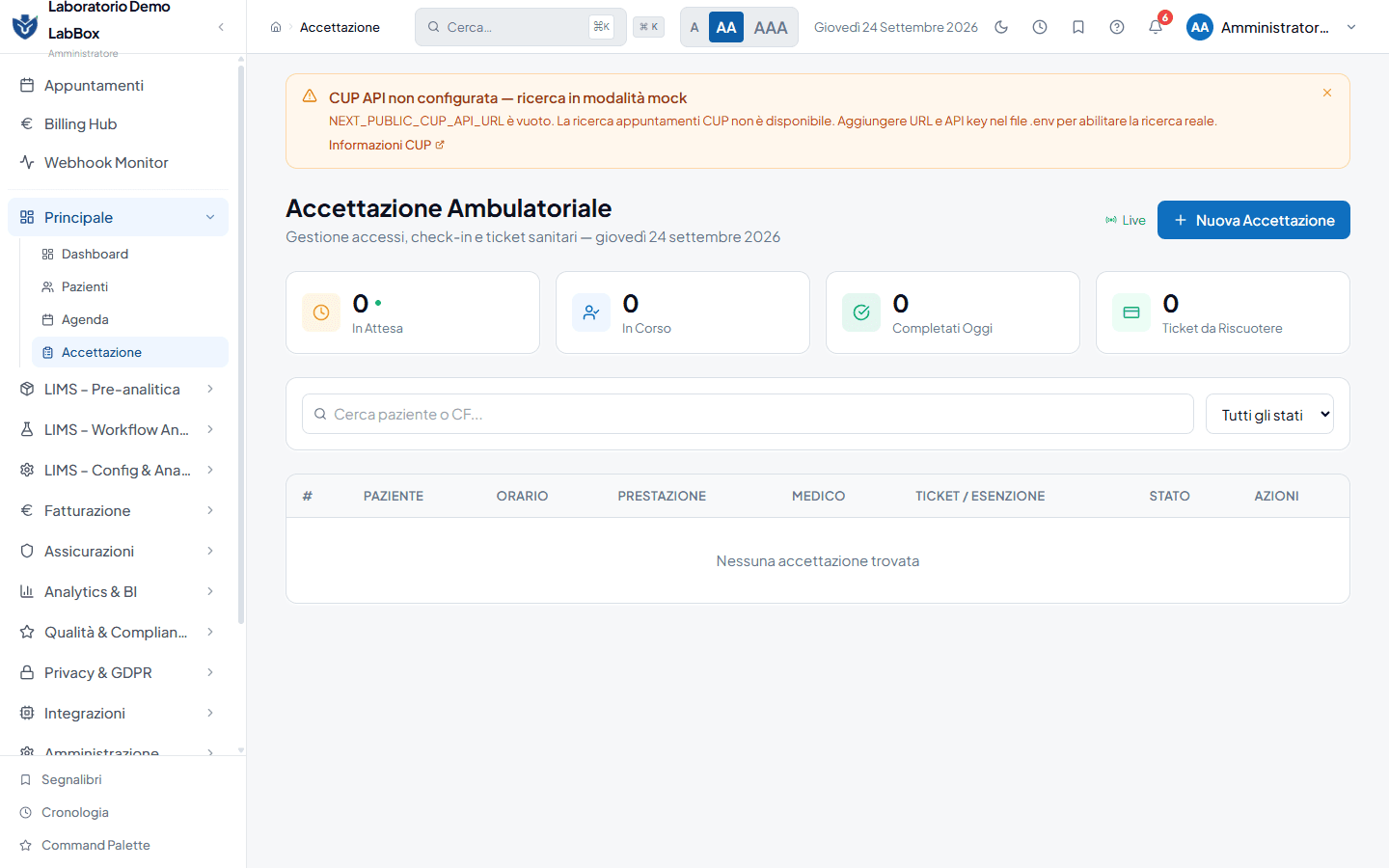 Schermata di accettazione di LabBox con l’elenco delle accettazioni e la gestione dell’agenda.
