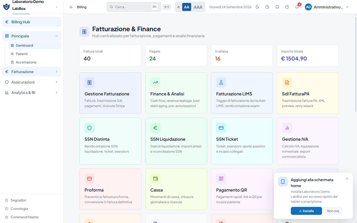 Modulo di fatturazione di LabBox con l’elenco delle fatture e i relativi stati di pagamento e trasmissione.