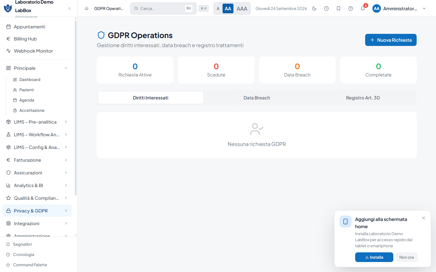 Modulo GDPR di LabBox: gestione delle richieste degli interessati e degli adempimenti privacy.