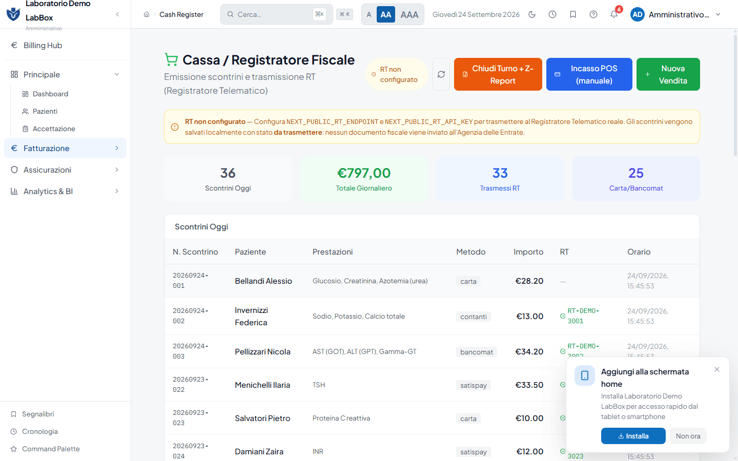 Cassa di LabBox con registrazione dell’incasso POS manuale, funzionante con qualsiasi terminale bancario.