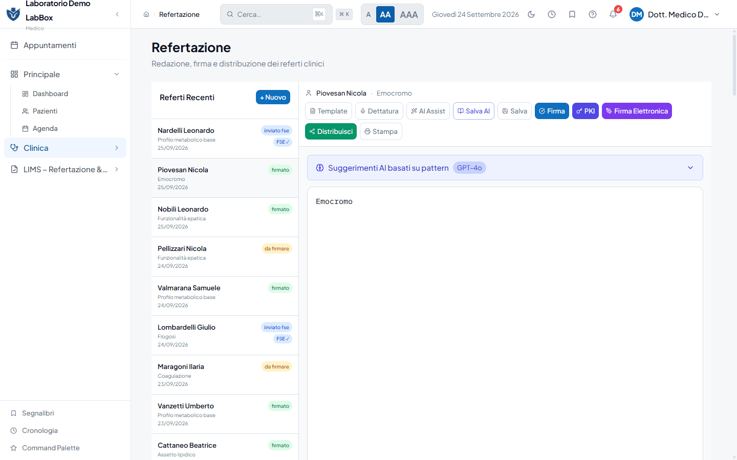 Schermata di refertazione di LabBox: elenco referti con stato firmato, da firmare e inviato al Fascicolo Sanitario, ed editor del referto.